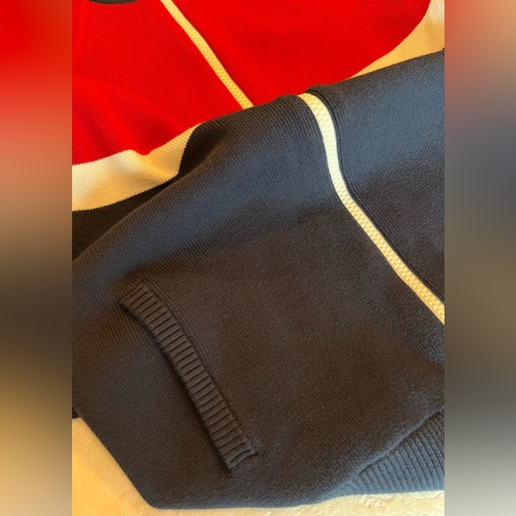 EXPRESS Cardigan Mock Turtle Neck Sweater Full Zipper Bold Red White Navy - Picture 9 of 12